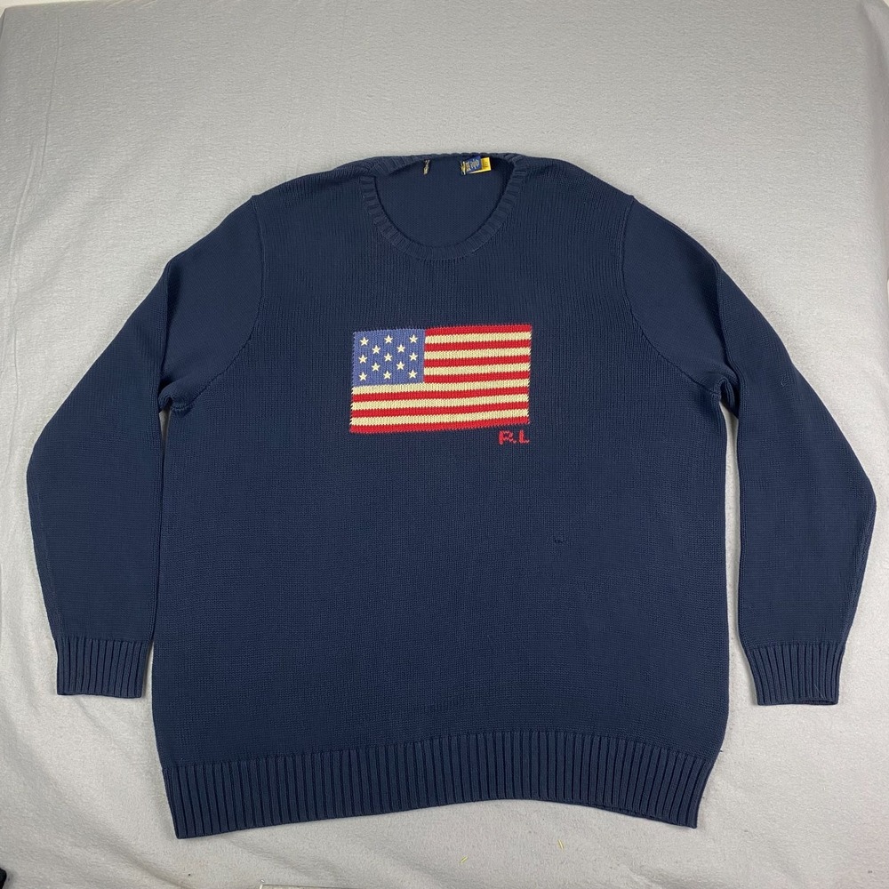 Polo Ralph Lauren Mens Knit Sweater 3XLT American USA Flag Crewneck 100% Cotton